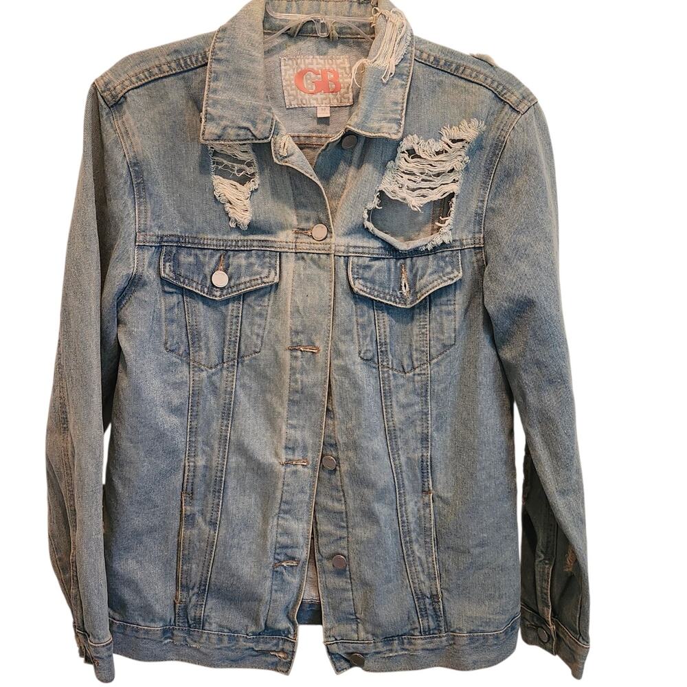 GB Womens Distressed Blue Denim Jacket Sz M Streetwear Y2K Grunge Inspired